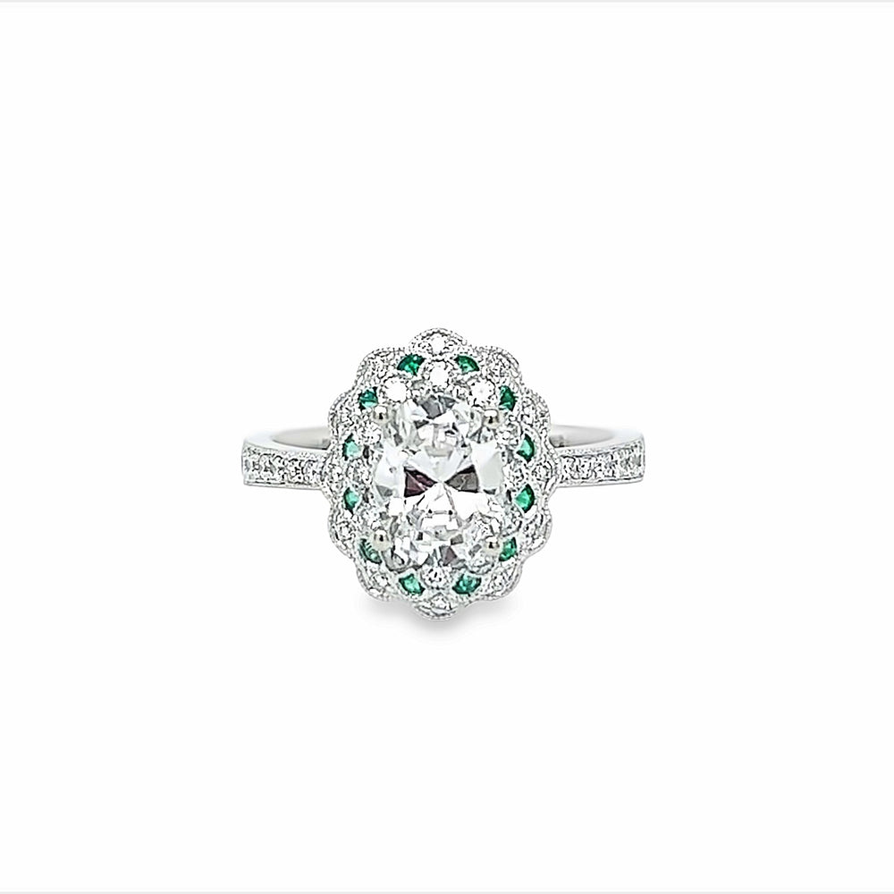 14k White Gold Round Emerald and Diamond Engagement Ring Setting for an 8x6mm Oval Center Stone