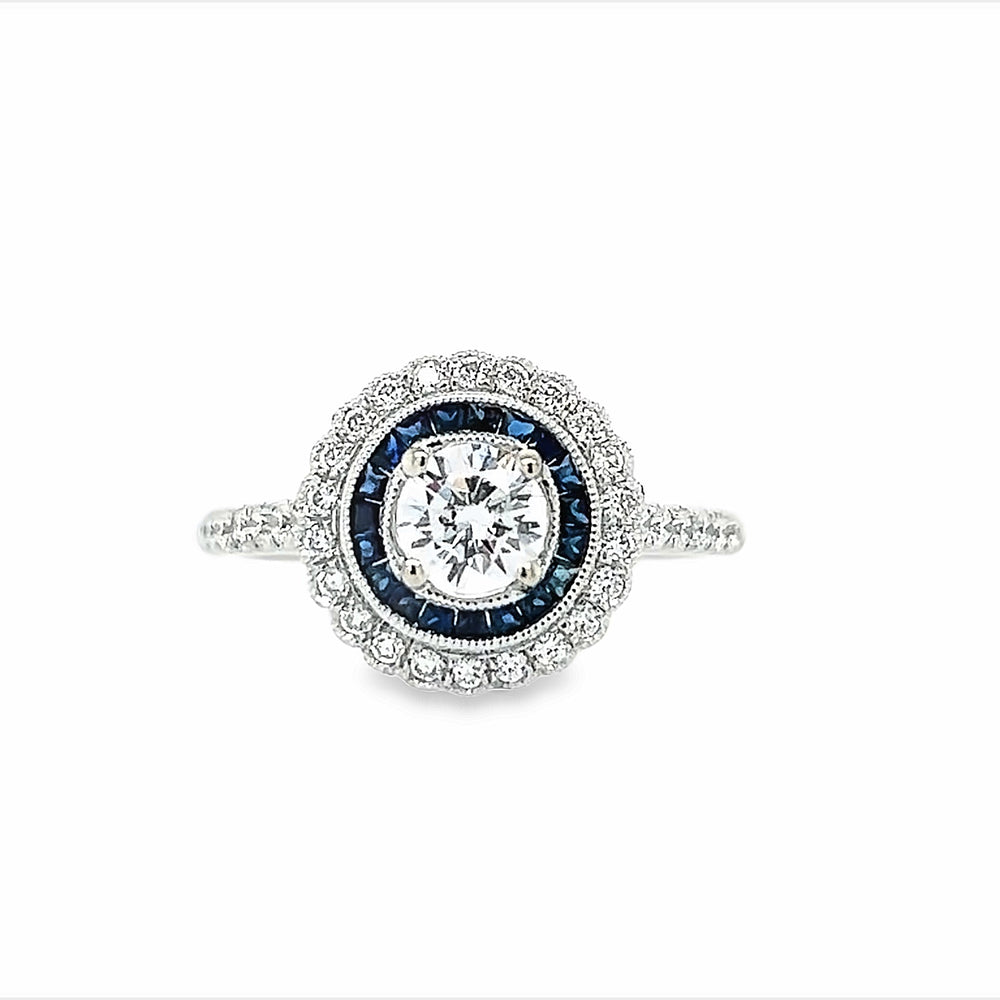 14k White Gold Princess Cut Sapphire and Diamond Double Halo Engagement Ring Setting