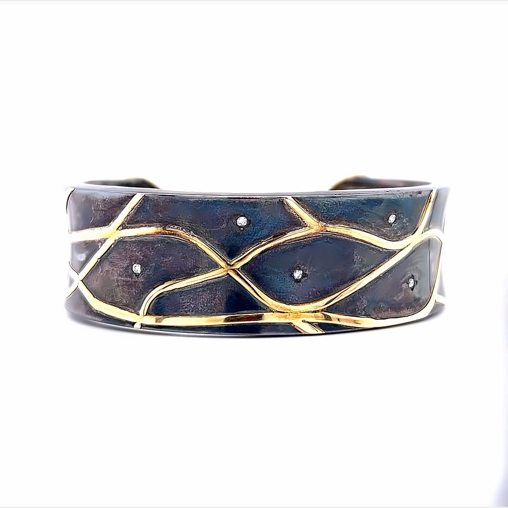 Oxidized Sterling Silver and 18k Yellow Gold Pathways Diamond Cuff Bracelet by Paul Richter (0.12ctw.)