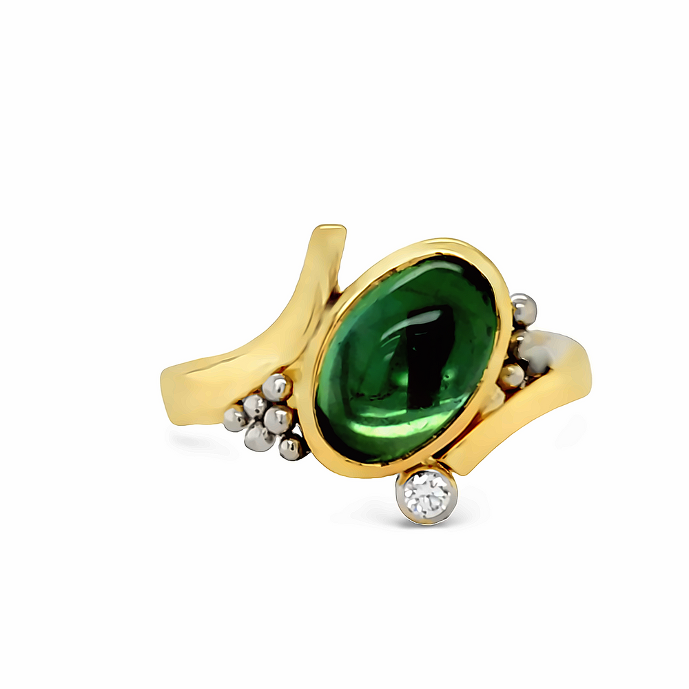 18k Two Tone Gold Cabochon Green Tourmaline and Diamond Ring by Paul Richter (2.99ct.)