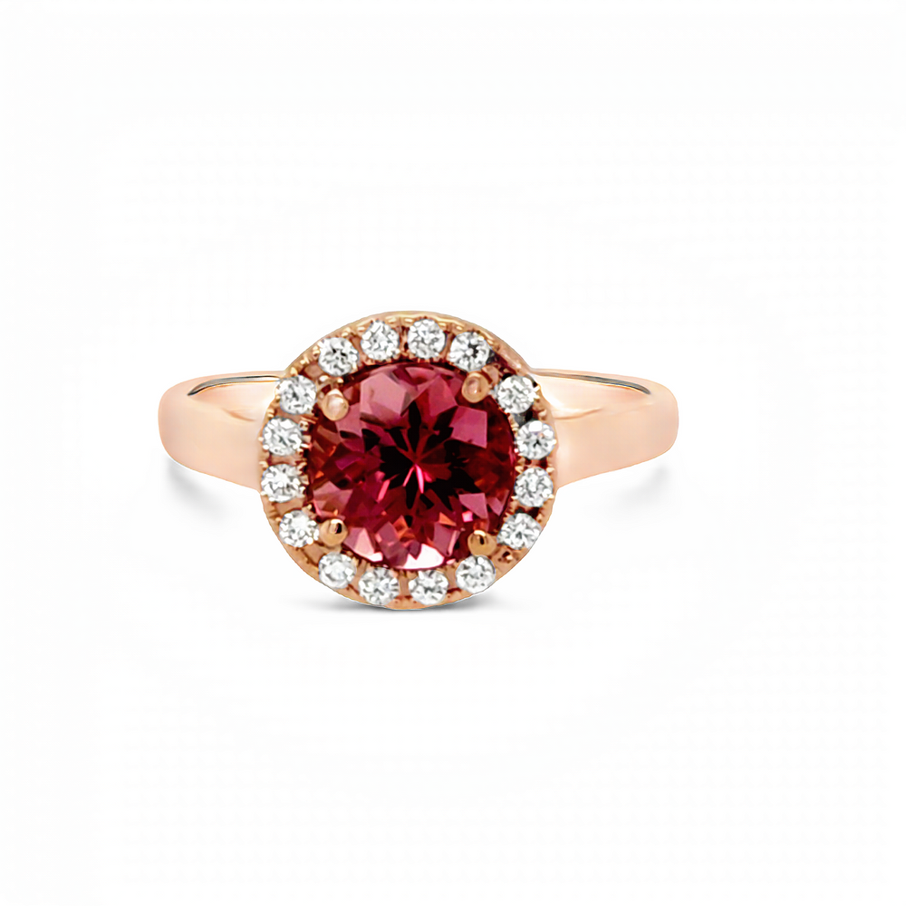 18k Rose Gold Round Pink Tourmaline and Diamond Halo Ring (1.54ct.)