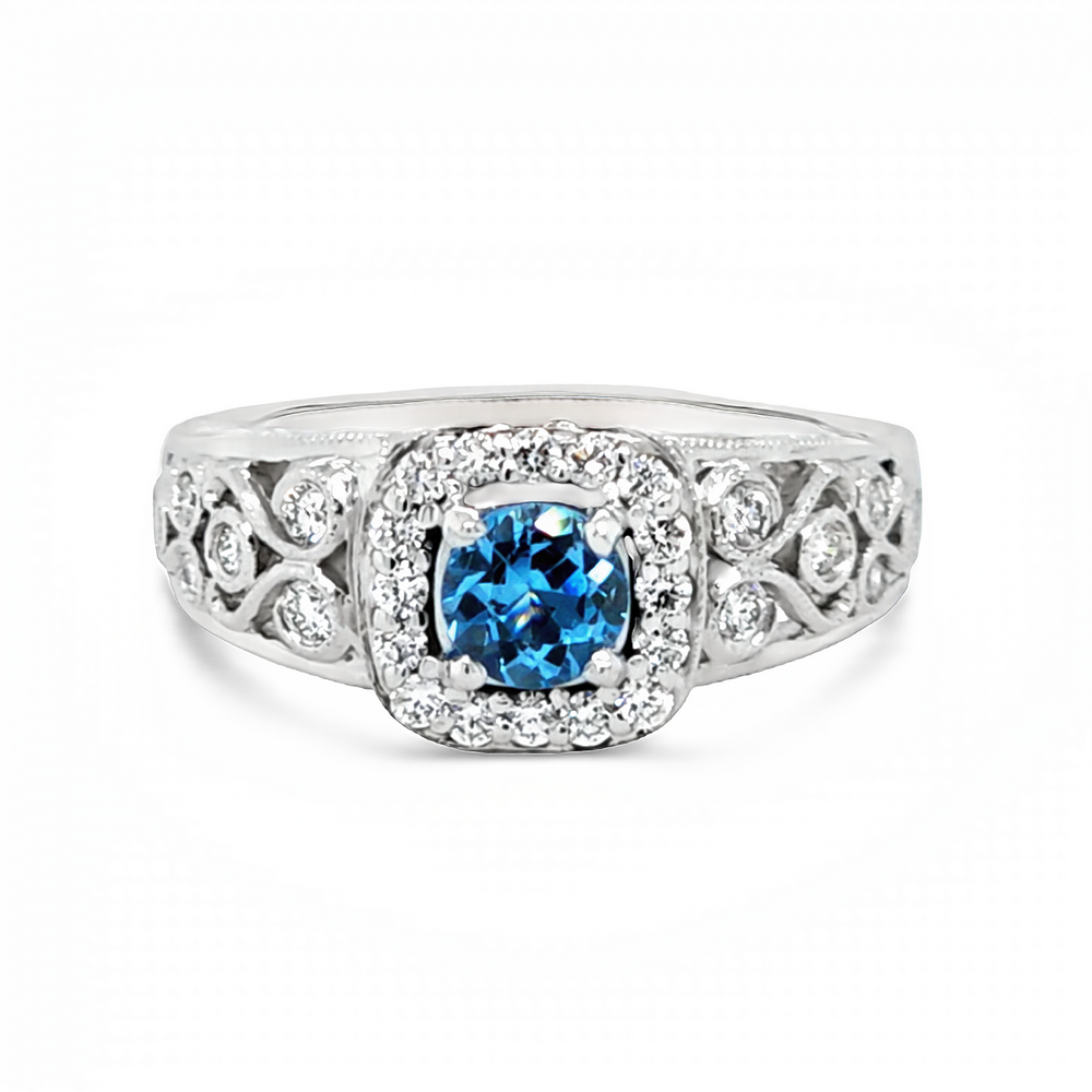 14k White Gold Round Blue Topaz and Diamond Halo Ring (0.54ct.)