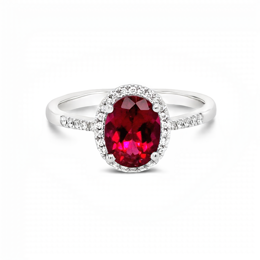 14k White Gold Oval Pink Tourmaline and Round Diamond Halo Ring (1.73ct.)