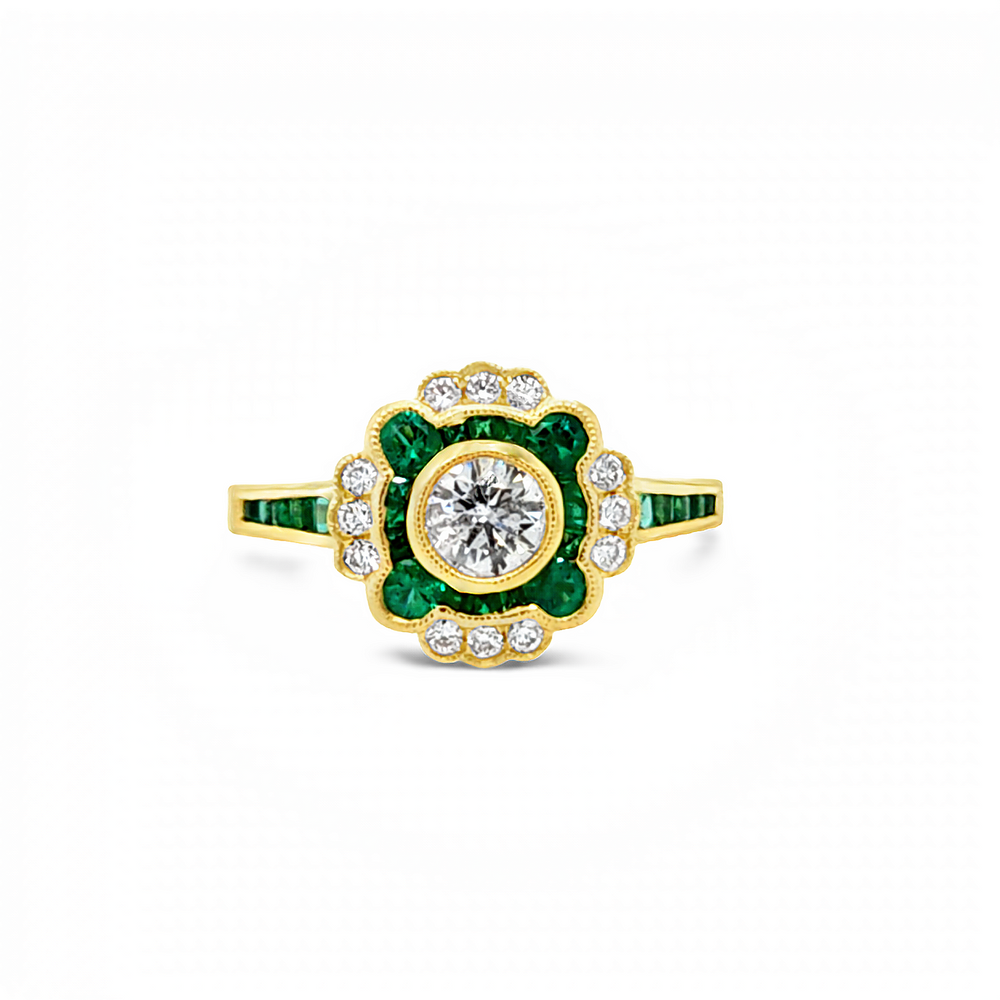 14K Round Diamond and Emerald Art Deco Halo Ring (0.39ct.)