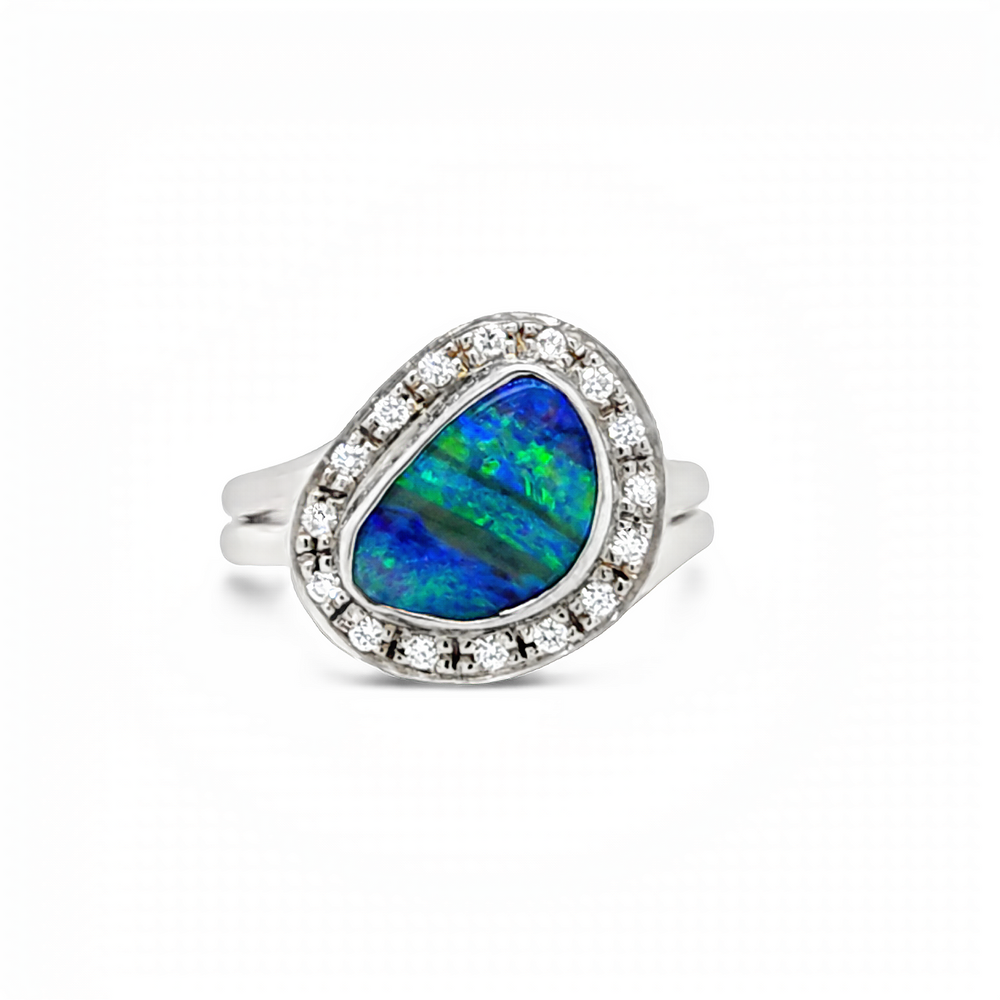 14k White Gold Boulder Opal and Diamond Halo Ring by Paul Richter