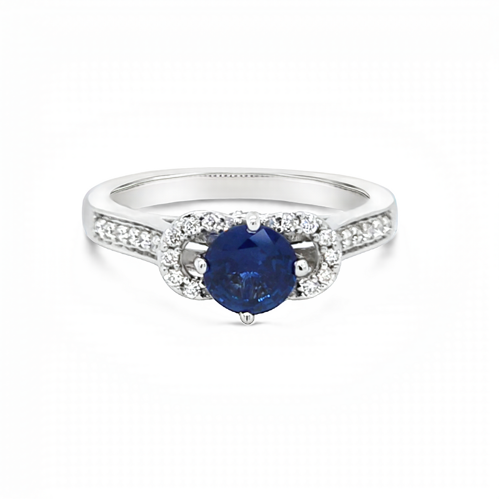 14k White Gold Round Blue Sapphire and Diamond Hidden Halo Ring (1.05ct.)