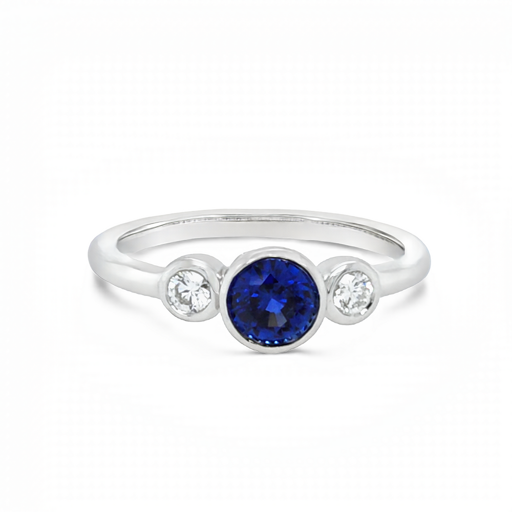 18k White Gold Round Blue Sapphire and Diamond Bezel Ring (0.70ct.)
