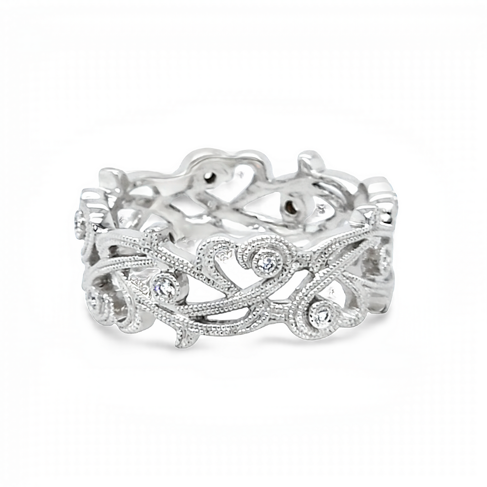 14K White Gold Scroll Bezel Set Round Diamond Eternity Band (0.09ctw.)