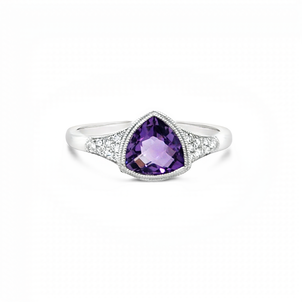 14k White Gold Triangular Cut Amethyst and Diamond Bezel Ring (0.94ct.)