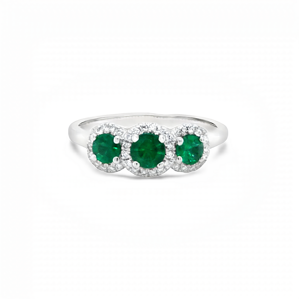 14k White Gold Round Emerald and Diamond Triple Halo Ring (0.56ctw.)