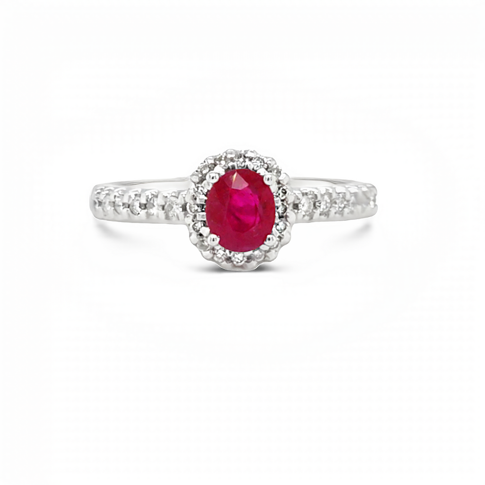 14k White Gold Oval Ruby and Diamond Halo Ring (0.80ct.)