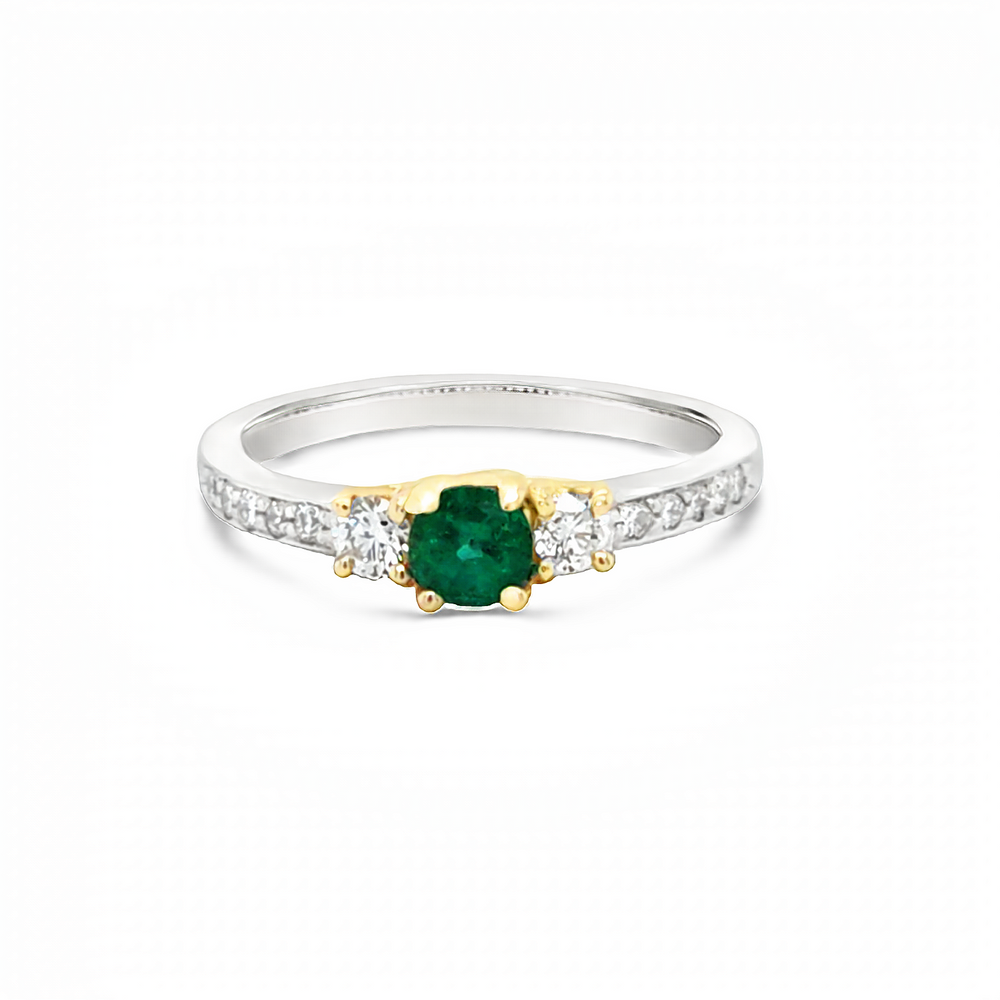 14k Two Tone White and Yellow Gold Round Emerald & Diamond Three Stone Ring (0.30ct.)