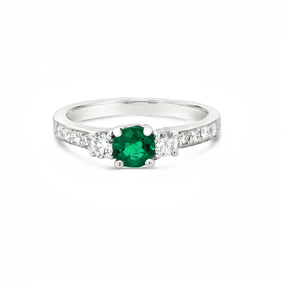 14k White Gold Round Emerald and Diamond Three Stone Ring (0.51ct.)