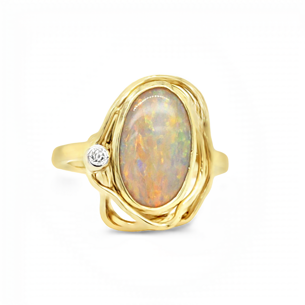 18k Yellow Gold Oval Opal and Diamond Vines Ring by Paul Richter (3.36ct.)