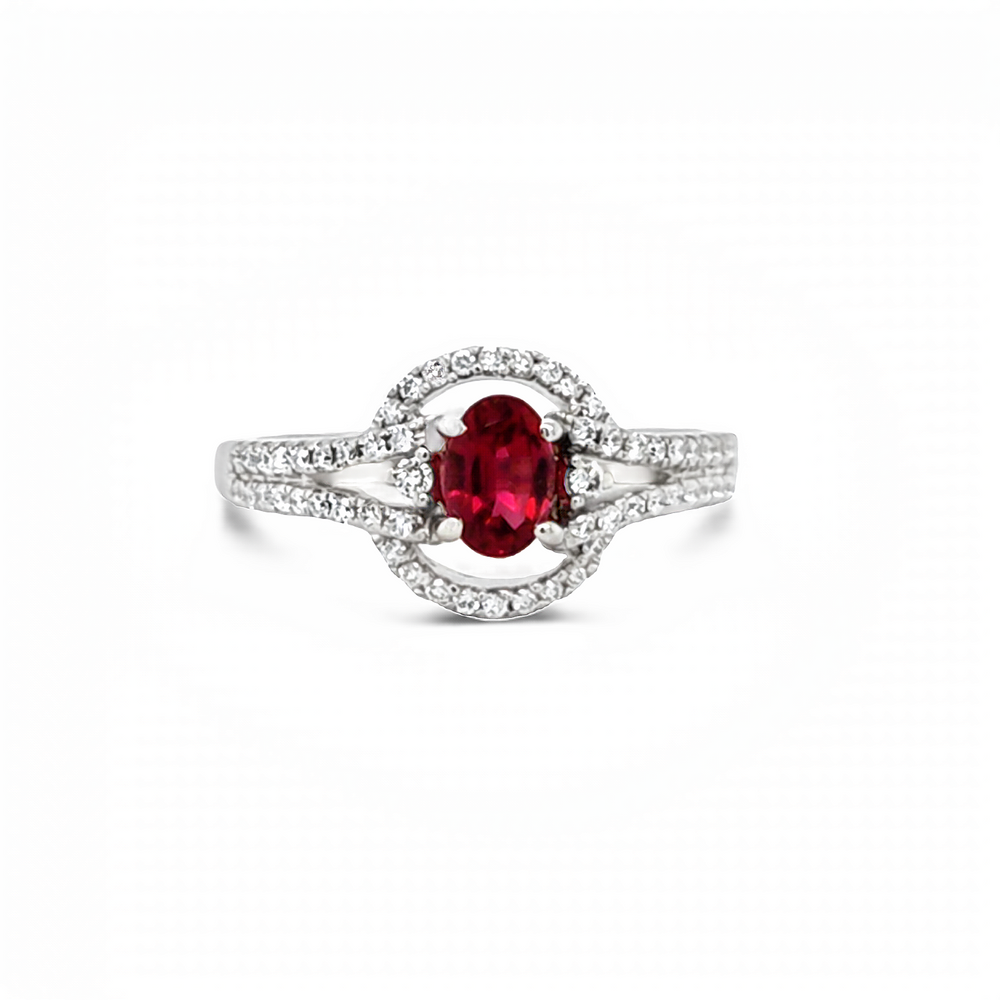 Estate 14k White Gold Oval Garnet and Diamond Halo Ring (0.90ct.)