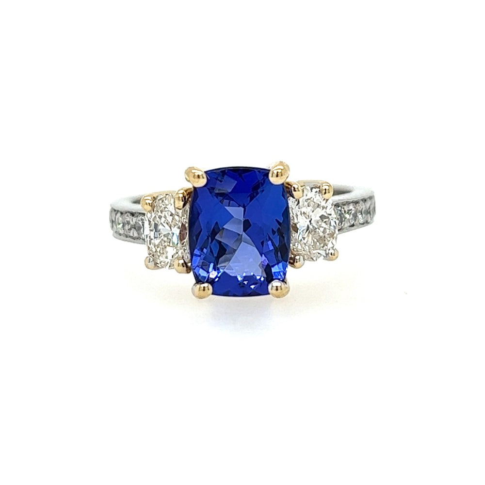 14K Two-Tone Gold Cushion Cut Tanzanite and Diamond Ring (2.32ct.)
