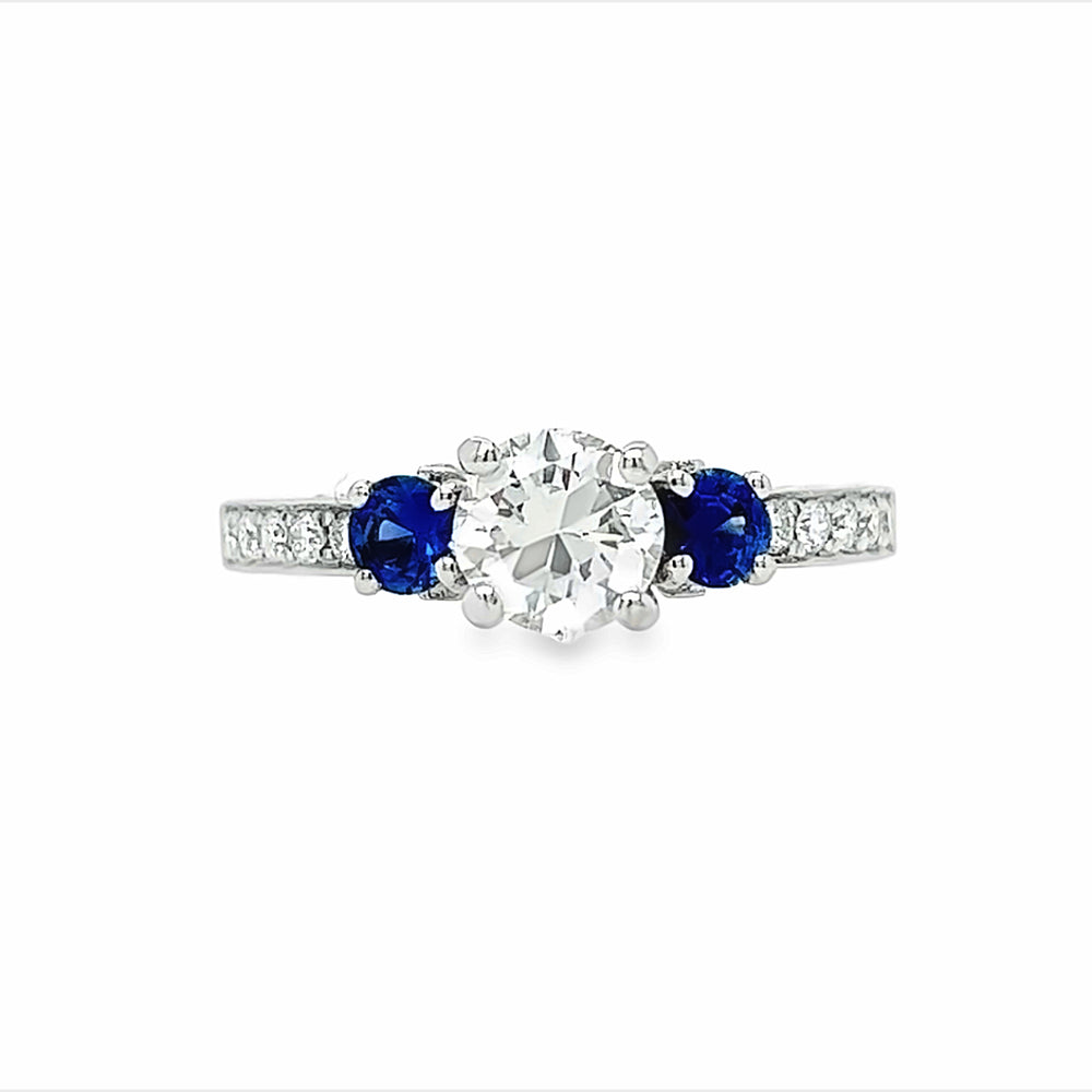 14k White Gold Round Sapphire and Diamond Three Stone Engagement Ring Setting (0.34ctw.)