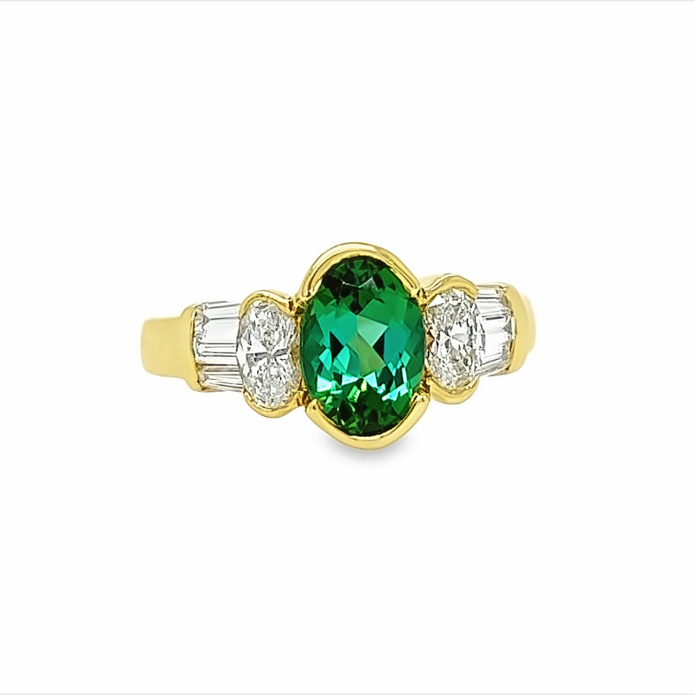18k Yellow Gold Oval Green Tourmaline and Diamond Ring (1.74ct.)