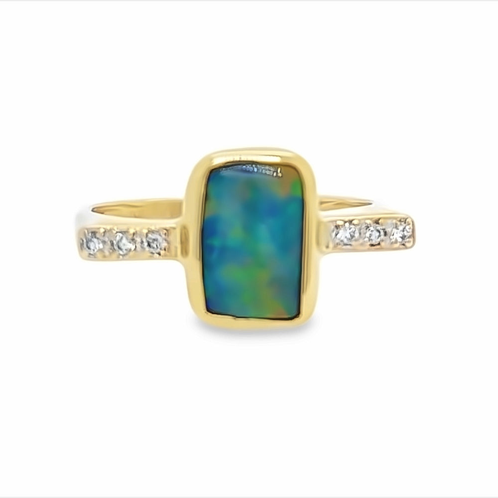 14k Yellow Gold Rectangular Opal and Diamond Bezel Ring by Paul Richter (1.74ct.)
