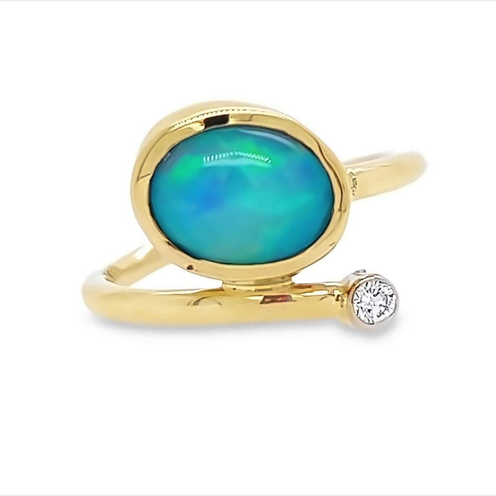 14k Yellow Gold Oval Opal and Diamond Bezel Ring by Paul Richter (2.07ct.)