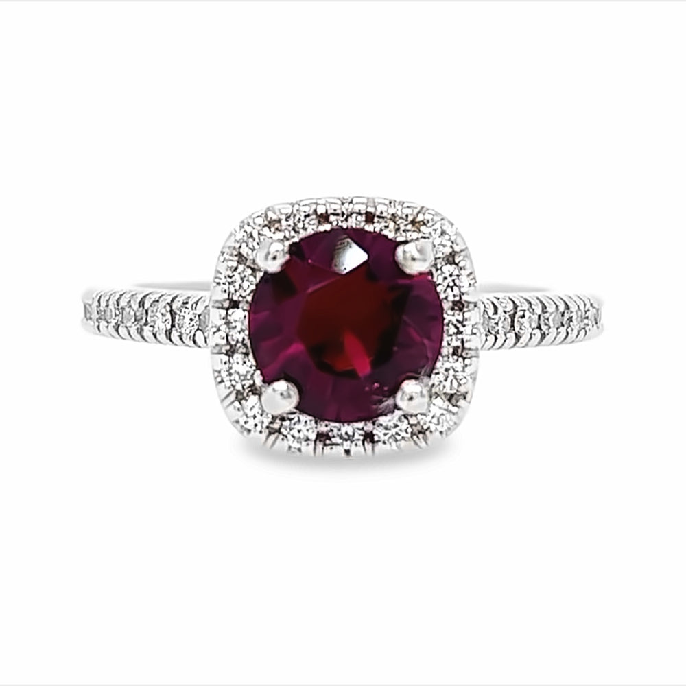 14k White Gold Cushion Cut Garnet and Diamond Halo Ring (1.45ct.)
