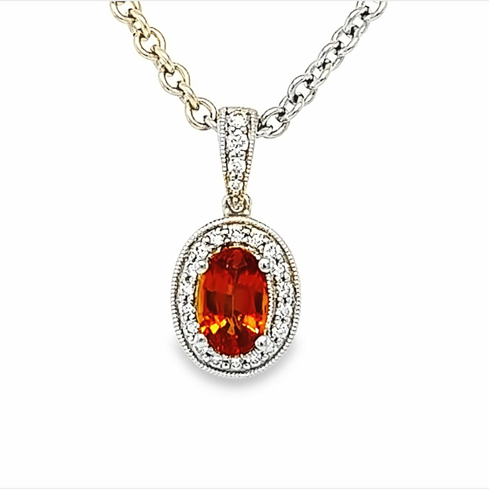 14k White Gold Oval Spessartite Garnet and Diamond Halo Pendant (0.68ct.)
