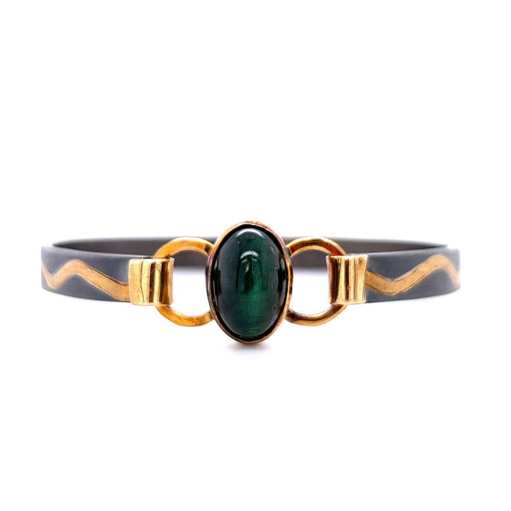 Oxidized Sterling Silver and 18k Yellow Gold Pathways Cat's Eye Green Tourmaline Bracelet by Paul Richter (7.18ct.)