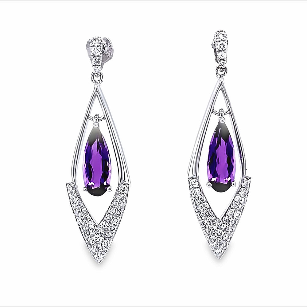 14k White Gold Pear Shape Amethyst and Diamond Drop Earrings (1.50ctw.)