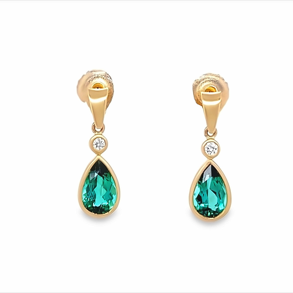 14k Yellow Pear Shape Green Tourmaline and Diamond Bezel Drop Earrings (2.71ctw.)
