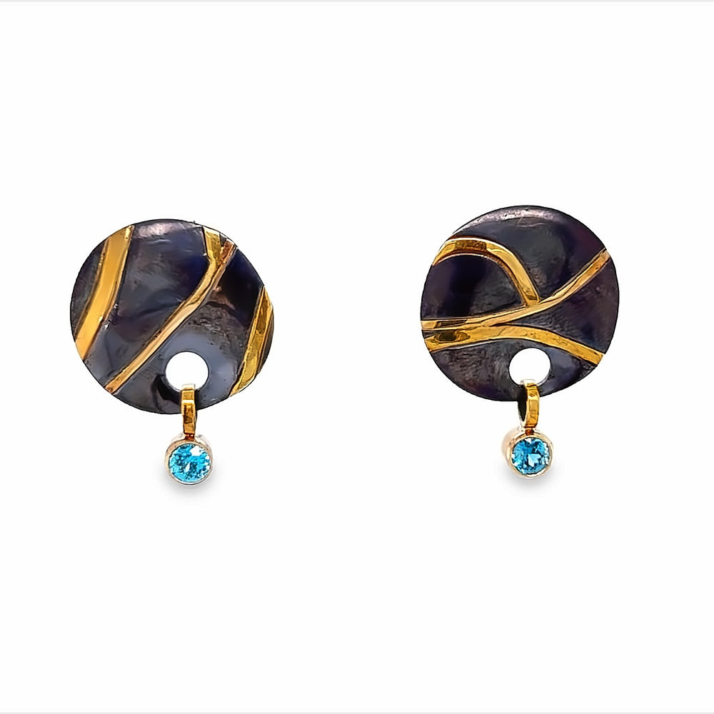 Oxidized Sterling Silver and 18k Yellow Gold Pathways Blue Zircon Earrings by Paul Richter (1.42ctw.)