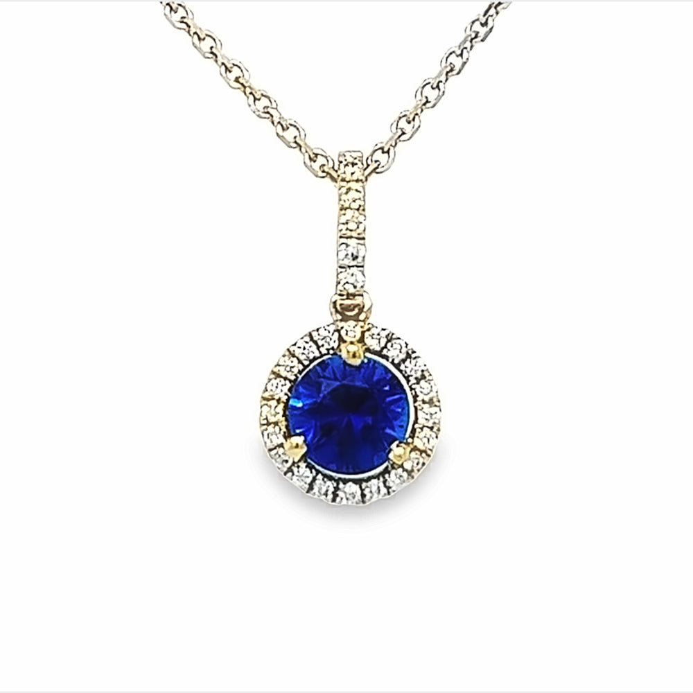 14k White Gold Round Sapphire and Diamond Halo Pendant (0.53ct.)