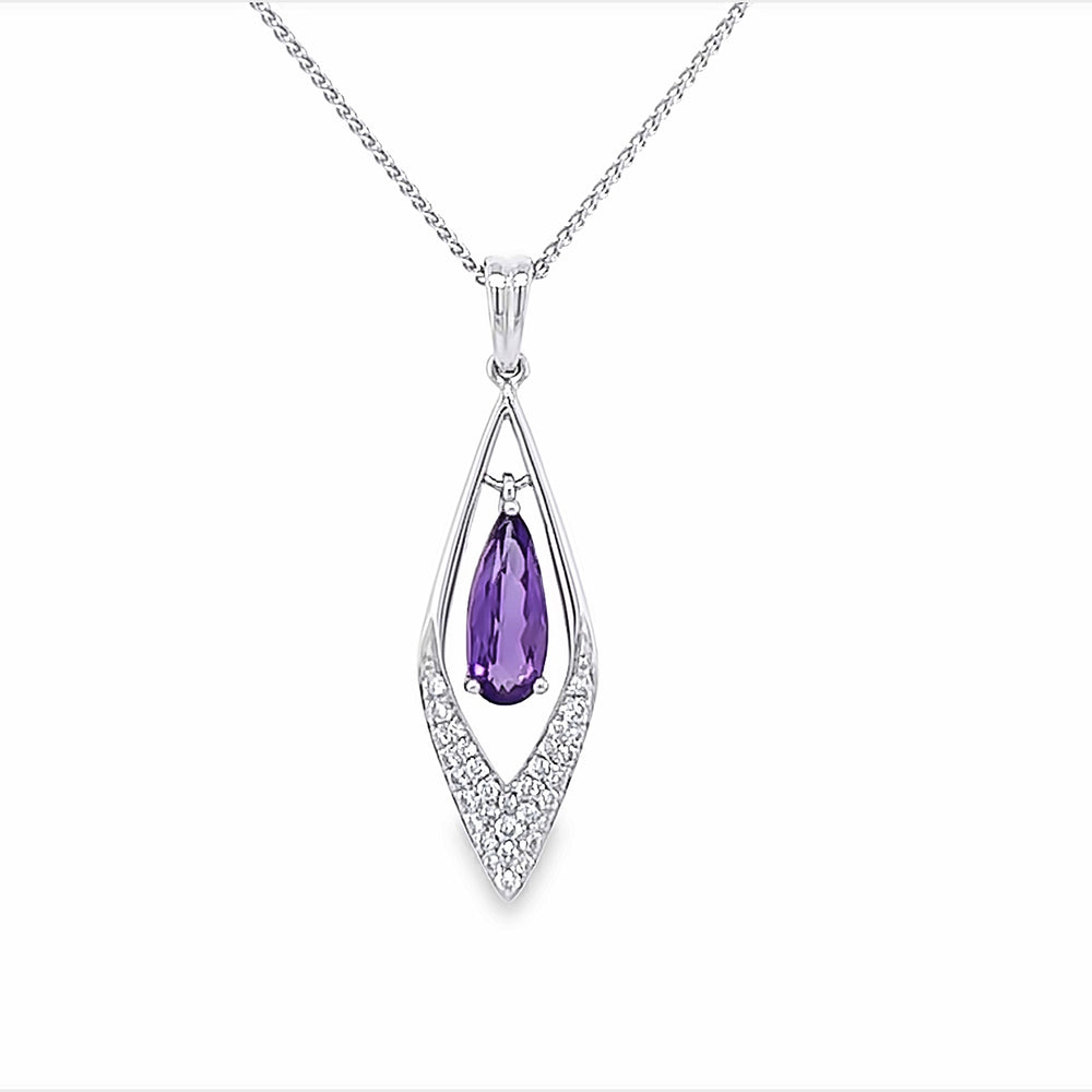 14k White Gold Pear Shape Amethyst and Pave Round Diamond Drop Pendant (0.75ct.)