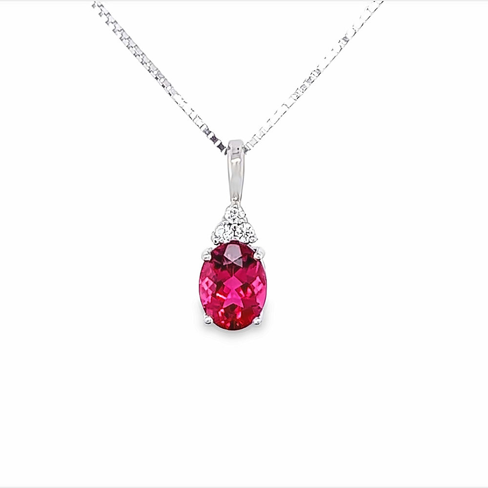 14k White Gold Oval Pink Tourmaline and Diamond Prong Set Pendant (1.62ct.)