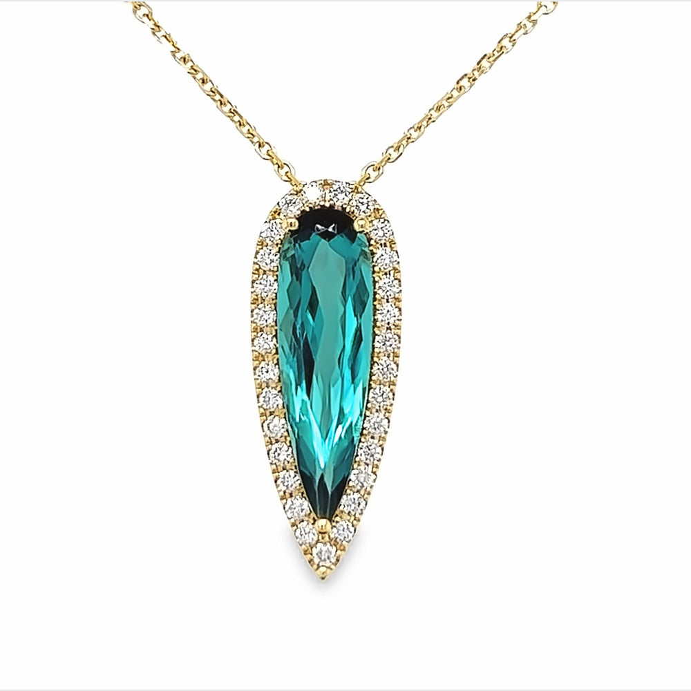 18k Yellow Gold Pear Shape Green Tourmaline and Diamond Halo Pendant (2.37ct.)