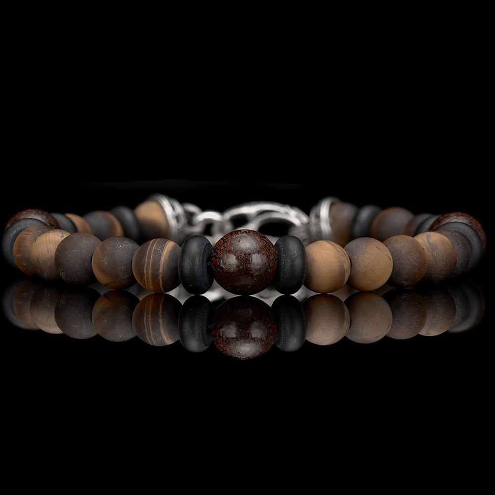 Men's Sterling Silver Tiger's Eye, Onyx and Dinosaur Bone Bracelet by William Henry Studio